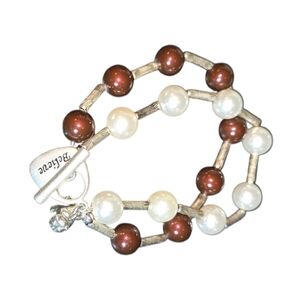 "Believe" Sterling Silver Red & White Beaded‎ English Bulldog Charm Bracelet 7"